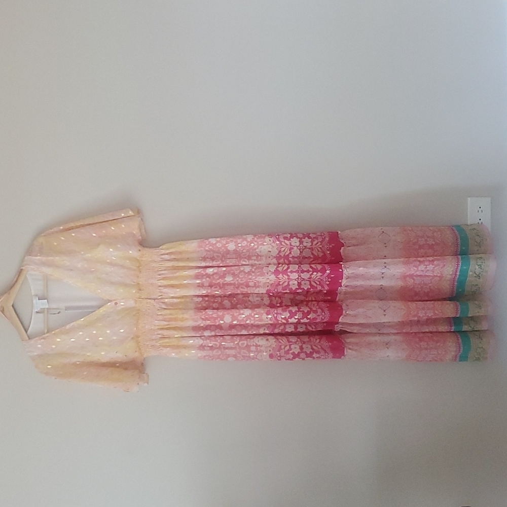 NWT House Of Harlow 1960 Boho Tiered Peach Metallic Sheer Maxi Summer Dr…